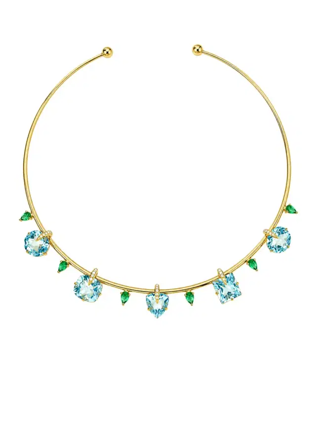 Wish Fine Jewelry 16.72ct Topaz Emerald Diamond 18K Gold Stationed Choker Necklace