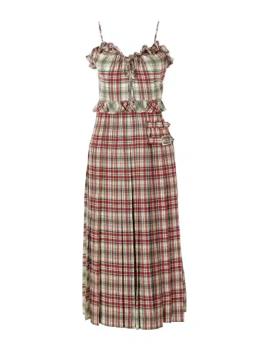 Alessandra Rich Pleated Checked Ruffled Silk-crepe De Chine Midi Dress | Thumbnail 1