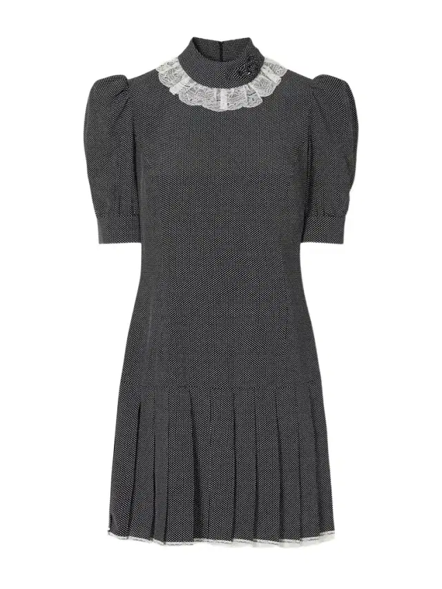 Alessandra Rich Pleated Lace-trimmed Polka-dot Silk-crepe De Chine Mini Dress