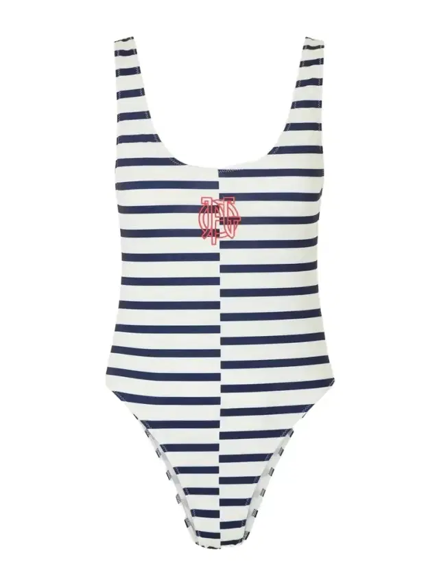 Jean Paul Gaultier Asymetric Marinere Logo-appliqulé Striped Swimsuit