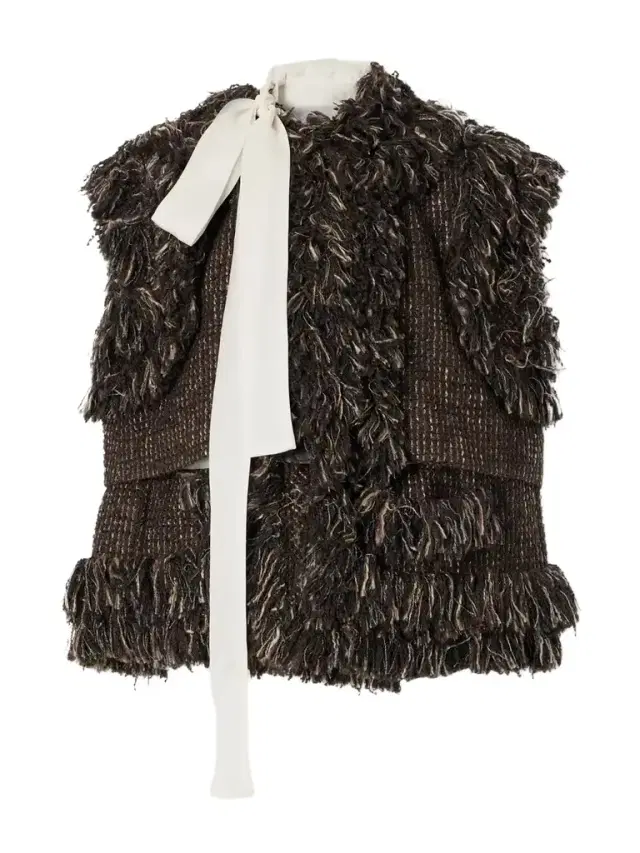 Sacai Bow-detailed Fringed Wool-blend Tweed Vest