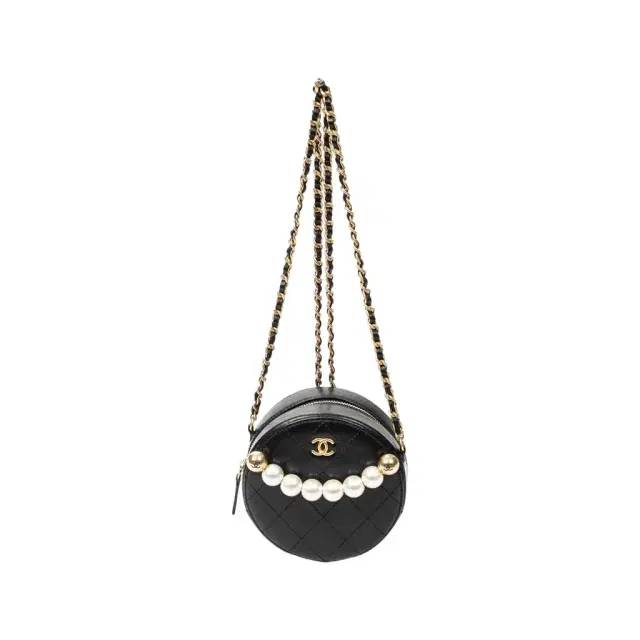 Chanel Chanel Black Quilted Lambskin Leather Front Pearl Round Chain Clutch by The Solist