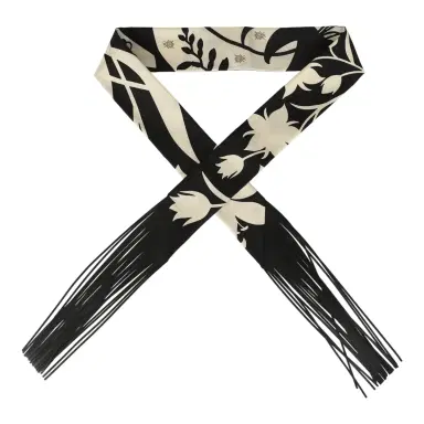 HERMÈS Hermes "Bouquet Final" Cream and Black Fringe Silk Twilly | Thumbnail 1