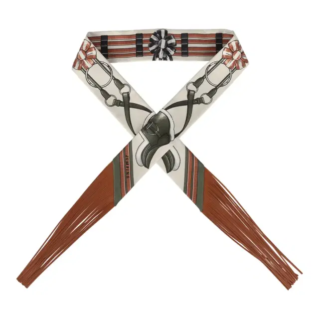 HERMÈS Hermes "Jumping Leather" Crème, Kaki and Beige Dore Fringe Silk Twilly