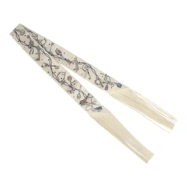 HERMÈS Hermes "Les Cles a Pois" Creme, Gris Perle, Multicolor Fringe Silk Twilly | Thumbnail 2