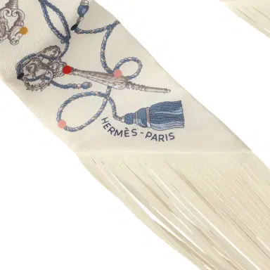 HERMÈS Hermes "Les Cles a Pois" Creme, Gris Perle, Multicolor Fringe Silk Twilly | Thumbnail 3