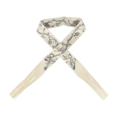 HERMÈS Hermes "Les Cles a Pois" Creme, Gris Perle, Multicolor Fringe Silk Twilly | Thumbnail 1