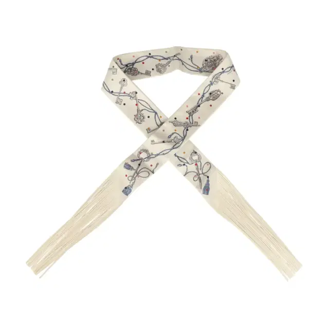 HERMÈS Hermes "Les Cles a Pois" Creme, Gris Perle, Multicolor Fringe Silk Twilly