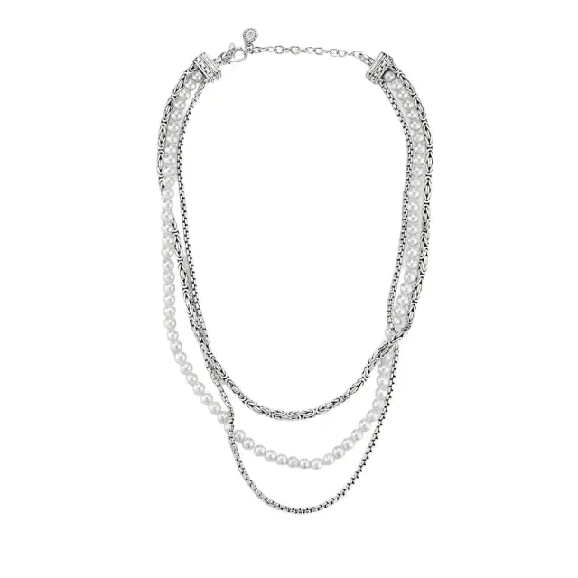 JAI JAI Sterling Silver Freshwater Pearl Multi-Strand Byzantine Box Chain Necklace by The Solist