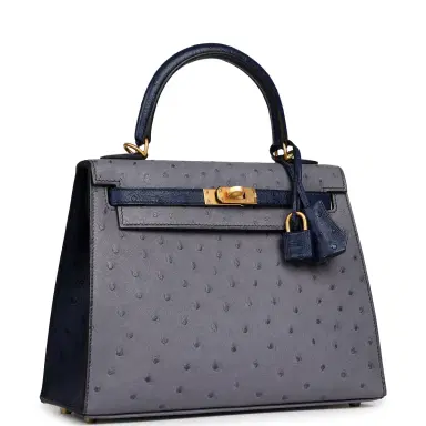 HERMÈS Hermes Special Order (HSS) Kelly Sellier 25 Gris Agate, Bleu Iris Ostrich Brushed Gold Hardware | Thumbnail 2 HERMÈS Hermes Special Order (HSS) Kelly Sellier 25 Gris Agate, Bleu Iris Ostrich Brushed Gold Hardware | Thumbnail 2