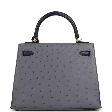 HERMÈS Hermes Special Order (HSS) Kelly Sellier 25 Gris Agate, Bleu Iris Ostrich Brushed Gold Hardware | Thumbnail 3 HERMÈS Hermes Special Order (HSS) Kelly Sellier 25 Gris Agate, Bleu Iris Ostrich Brushed Gold Hardware | Thumbnail 3