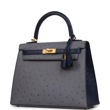 HERMÈS Hermes Special Order (HSS) Kelly Sellier 25 Gris Agate, Bleu Iris Ostrich Brushed Gold Hardware | Thumbnail 5 HERMÈS Hermes Special Order (HSS) Kelly Sellier 25 Gris Agate, Bleu Iris Ostrich Brushed Gold Hardware | Thumbnail 5