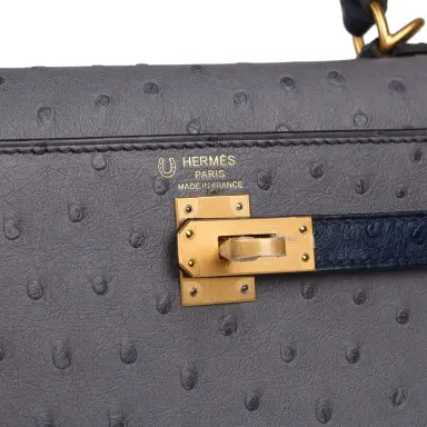 HERMÈS Hermes Special Order (HSS) Kelly Sellier 25 Gris Agate, Bleu Iris Ostrich Brushed Gold Hardware | Thumbnail 7 HERMÈS Hermes Special Order (HSS) Kelly Sellier 25 Gris Agate, Bleu Iris Ostrich Brushed Gold Hardware | Thumbnail 7