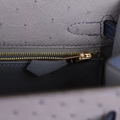 HERMÈS Hermes Special Order (HSS) Kelly Sellier 25 Gris Agate, Bleu Iris Ostrich Brushed Gold Hardware | Thumbnail 8 HERMÈS Hermes Special Order (HSS) Kelly Sellier 25 Gris Agate, Bleu Iris Ostrich Brushed Gold Hardware | Thumbnail 8