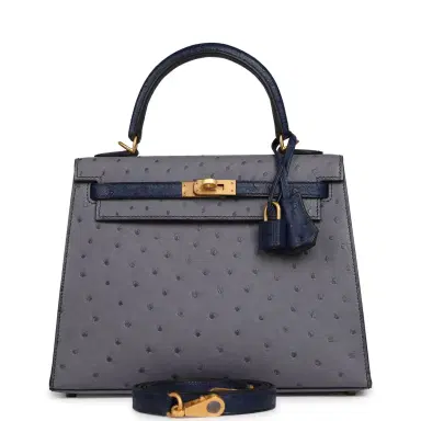 HERMÈS Hermes Special Order (HSS) Kelly Sellier 25 Gris Agate, Bleu Iris Ostrich Brushed Gold Hardware | Thumbnail 1 HERMÈS Hermes Special Order (HSS) Kelly Sellier 25 Gris Agate, Bleu Iris Ostrich Brushed Gold Hardware | Thumbnail 1
