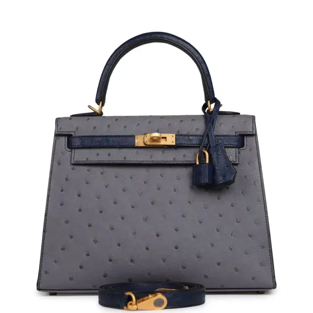 HERMÈS Hermes Special Order (HSS) Kelly Sellier 25 Gris Agate, Bleu Iris Ostrich Brushed Gold Hardware