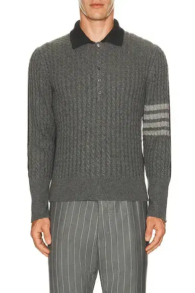 Thom Browne Merino Wool Baby Cable Long Sleeve Polo
