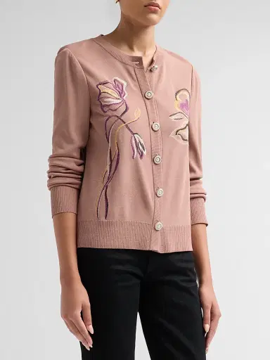 Misook Women's Floral Embroidered Knit Cardigan - Charmeuse Fresh Purple | Thumbnail 4