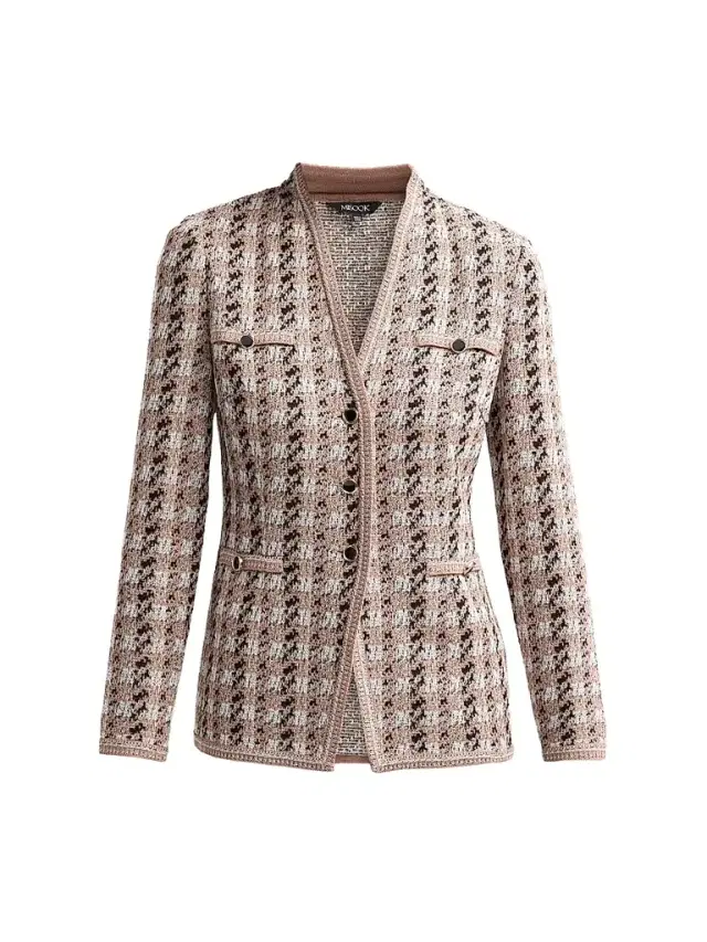 Women's Houndstooth Tailored Tweed Knit Jacket - Charmeuse Biscotti Black