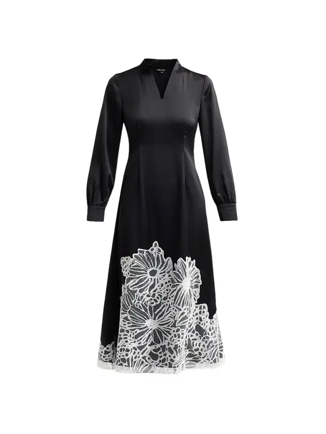 Misook Women's Lace-Appliqué Crepe De Chine Midi Dress - Black White