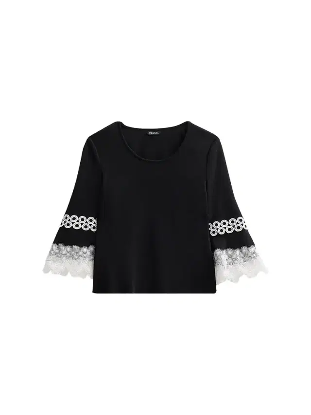 Misook Women's Lace Appliqué Soft Knit Top - Black White