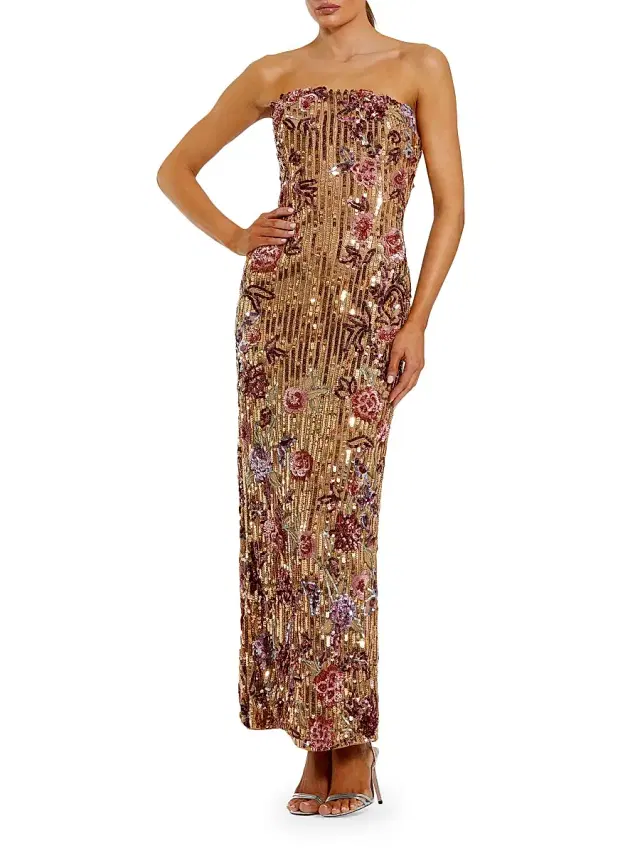 Mac Duggal Women's Petite Sequined Floral Strapless Cocktail Maxi Dress - Gold Multi Petite 2