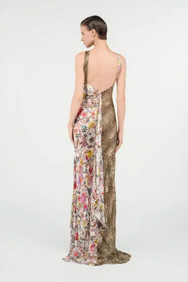 Roberto Cavalli Long Chiffon Dress with Florentine Flowers Print | Thumbnail 3