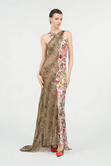 Roberto Cavalli Long Chiffon Dress with Florentine Flowers Print | Thumbnail 7
