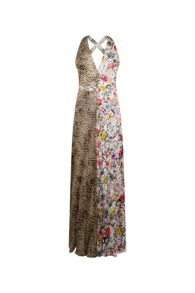 Roberto Cavalli Long Chiffon Dress with Florentine Flowers Print