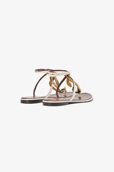 Roberto Cavalli Brown and White Flat Thong Sandals with Snake Motif | Thumbnail 3