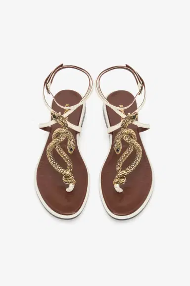 Roberto Cavalli Brown and White Flat Thong Sandals with Snake Motif | Thumbnail 6