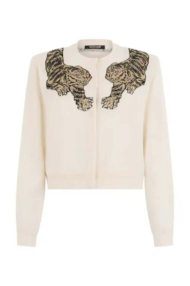 Roberto Cavalli Wool Cardigan with Tiger Embroidery