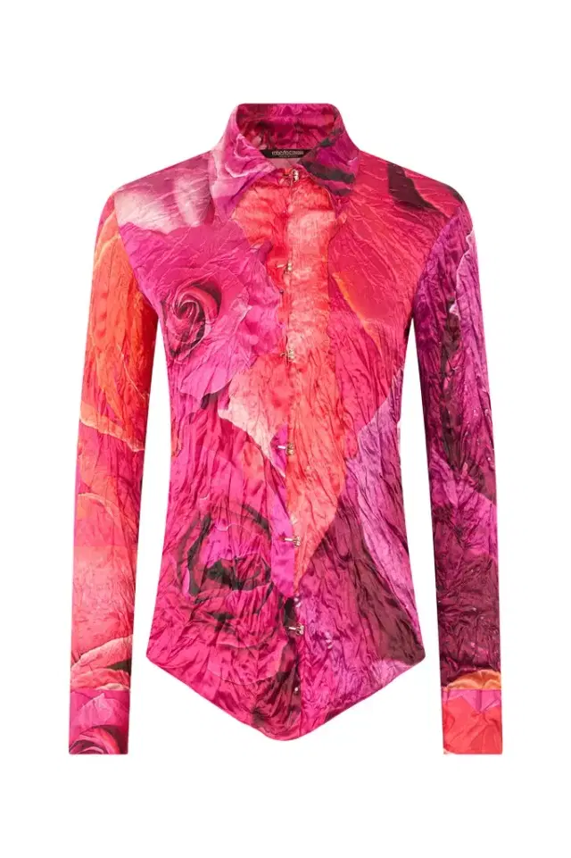 Roberto Cavalli Shirt With Bejeweled Buttons And Rose Print