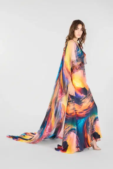 Roberto Cavalli Itaca Print Long Dress with Cape | Thumbnail 2