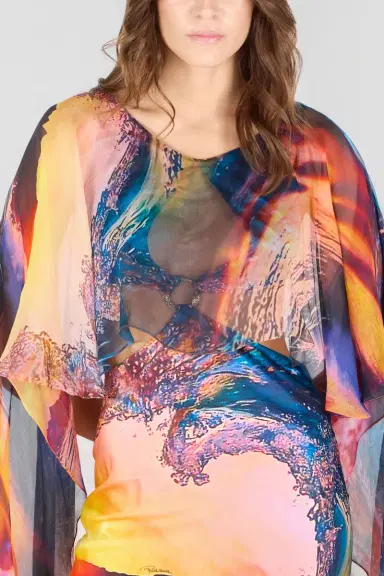 Roberto Cavalli Itaca Print Long Dress with Cape | Thumbnail 6