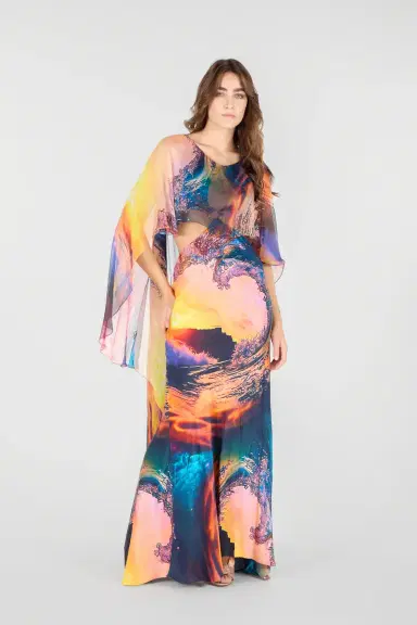 Roberto Cavalli Itaca Print Long Dress with Cape | Thumbnail 7