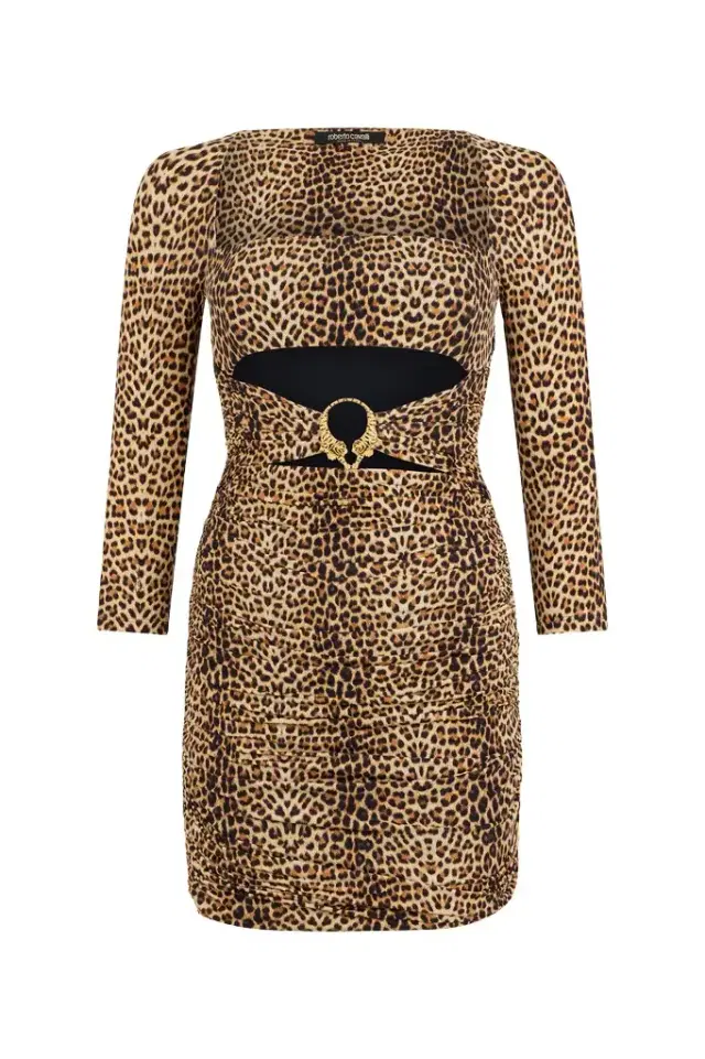 Roberto Cavalli Mini Dress with Baby Jaguar Print and Cut-Out Detail
