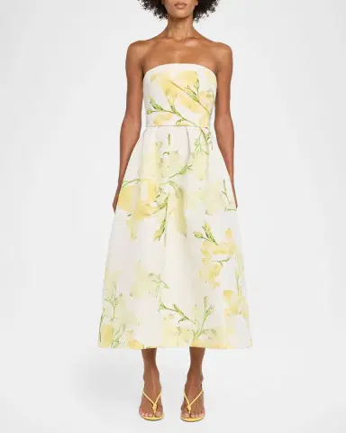 Monique Lhuillier Strapless Snapdragon Print Silk Faille Midi Dress | Thumbnail 2