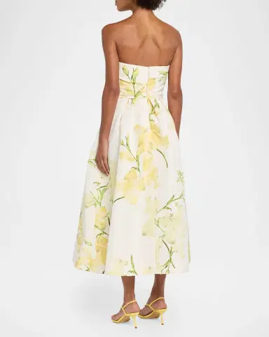 Monique Lhuillier Strapless Snapdragon Print Silk Faille Midi Dress | Thumbnail 3