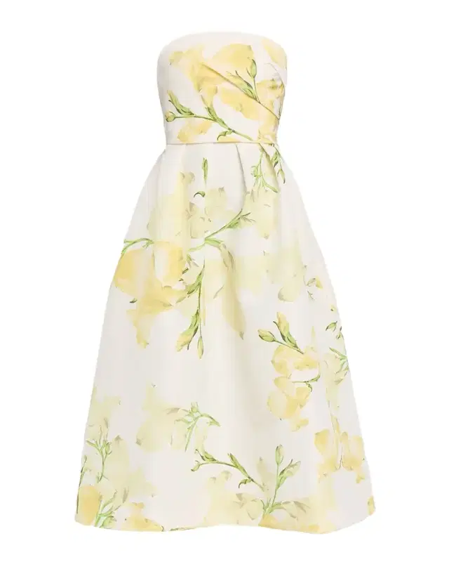 Monique Lhuillier Strapless Snapdragon Print Silk Faille Midi Dress