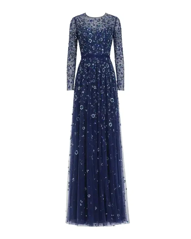 Mac Duggal Beaded Floral Sequin Mesh Gown