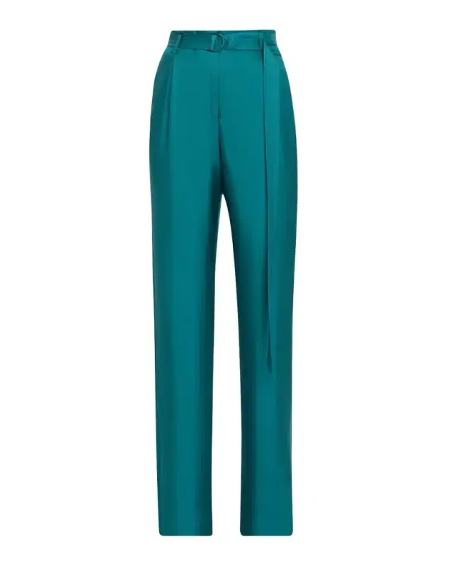 LAPOINTE Belted Silk Pleated Straight-Leg Trousers