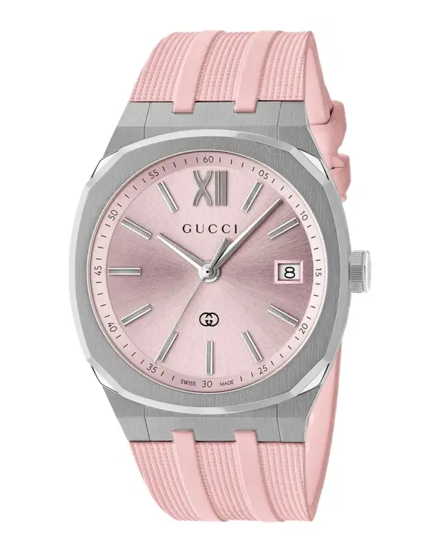 Gucci 25H Pink Rubber Strap Date Watch, 36mm