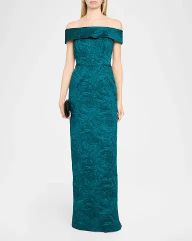 Rickie Freeman for Teri Jon Off-Shoulder Jacquard Column Gown | Thumbnail 2
