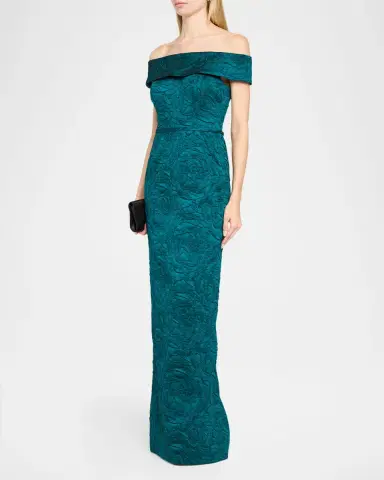 Rickie Freeman for Teri Jon Off-Shoulder Jacquard Column Gown | Thumbnail 4