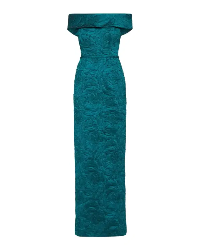 Rickie Freeman for Teri Jon Off-Shoulder Jacquard Column Gown