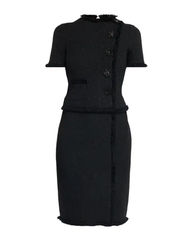 Rickie Freeman for Teri Jon Fringed Floral Applique Tweed Dress