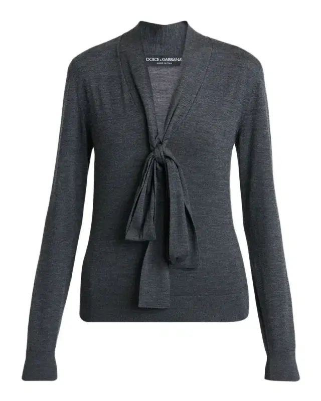 Dolce & Gabbana Bow V-Neck Wool Jersey Long-Sleeve Top