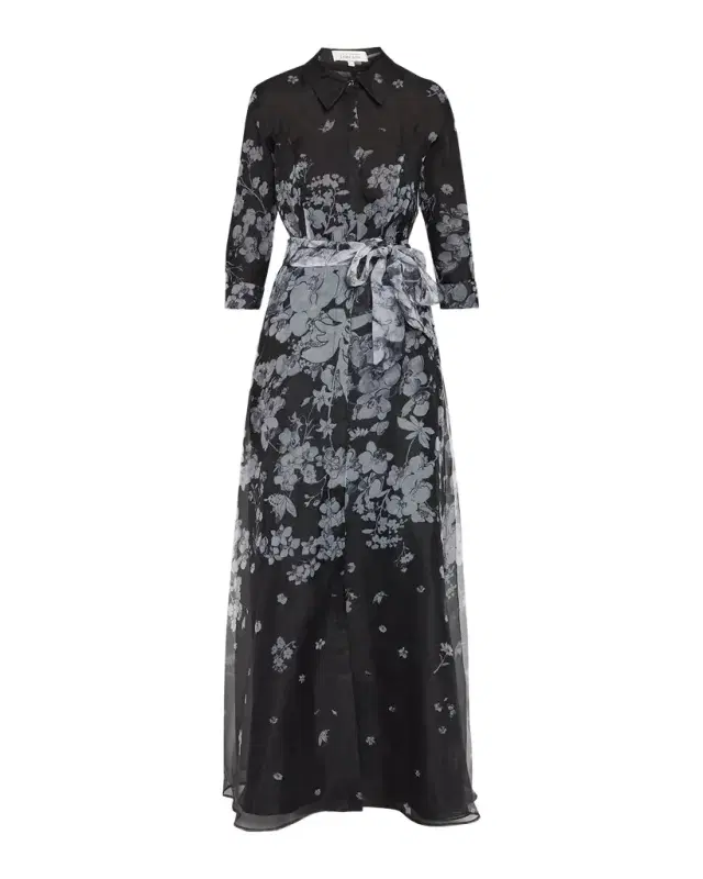 Rickie Freeman for Teri Jon Floral Organza Tie-Waist Shirt Gown