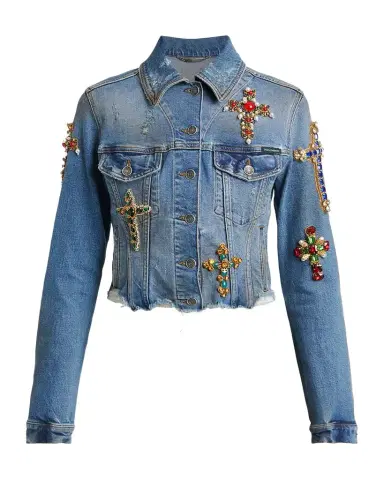 Dolce & Gabbana Cross Embellished Distressed Denim Jacket | Thumbnail 1